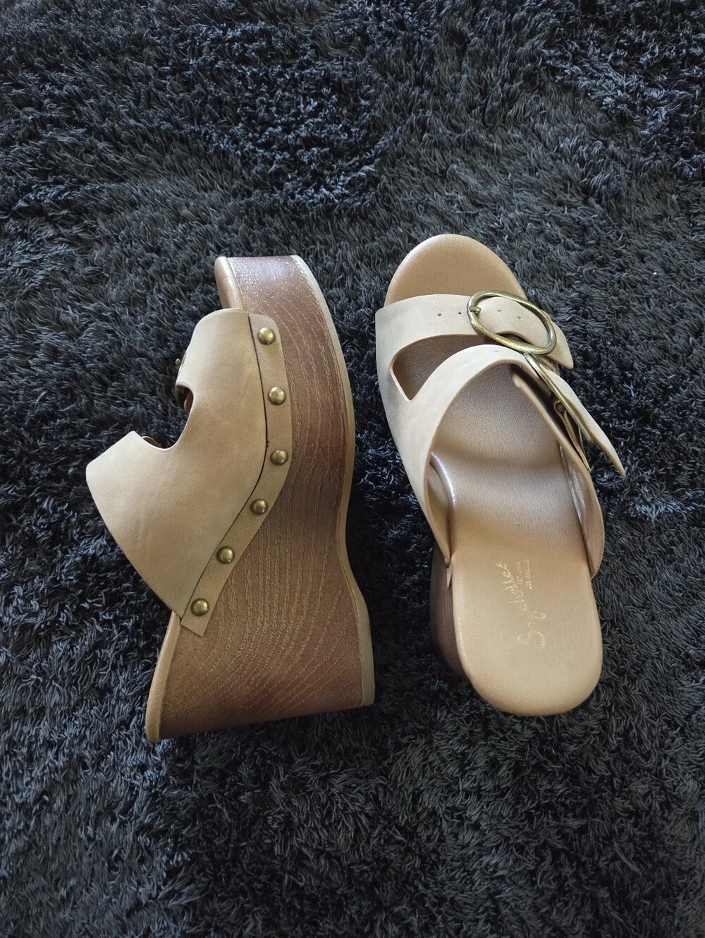 Seychelles Tan Double Buckle Stud Platform Wedge Sandals Size 8 Boho Western